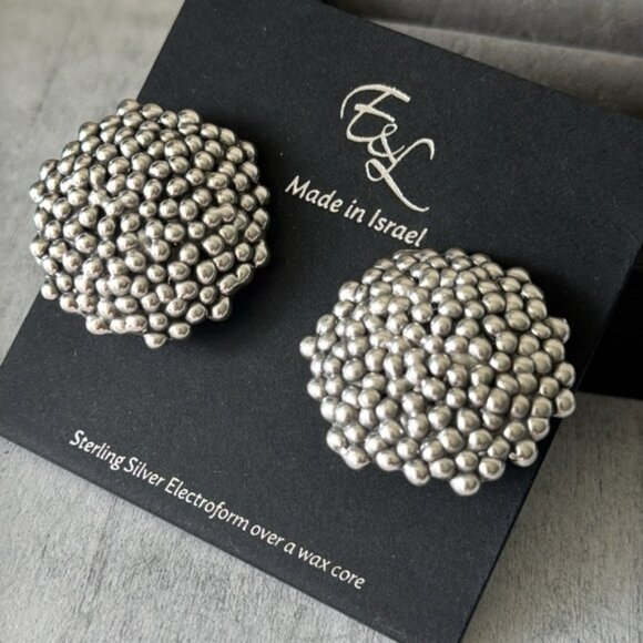 E&L Sterling Silver Bubble Round Popcorn Earrings Electroform Israel NEW - Picture 6 of 9
